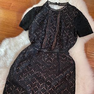 Black short lace high neck open back dress